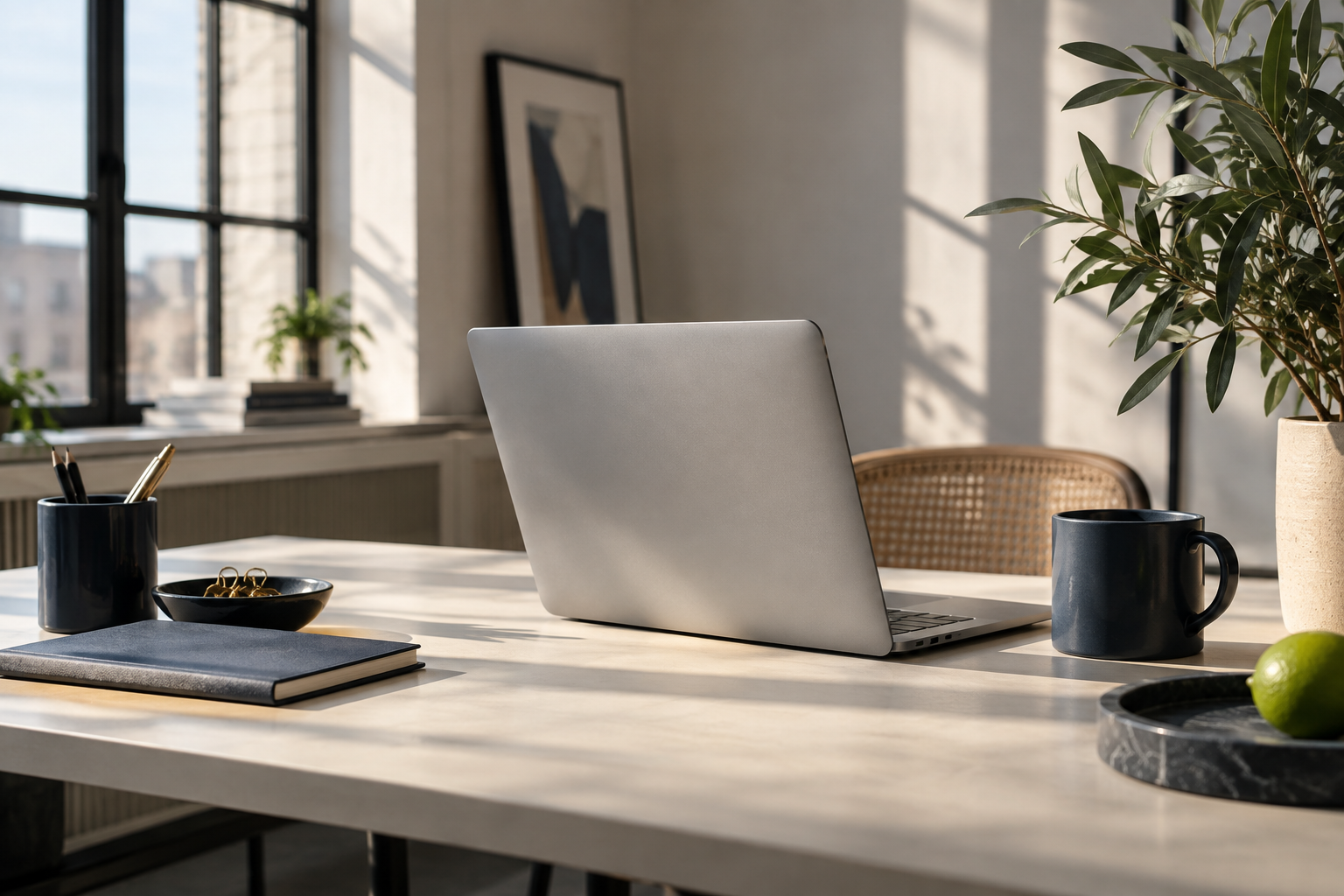 Sunlit creative workspace with a laptop and navy desk accessories
